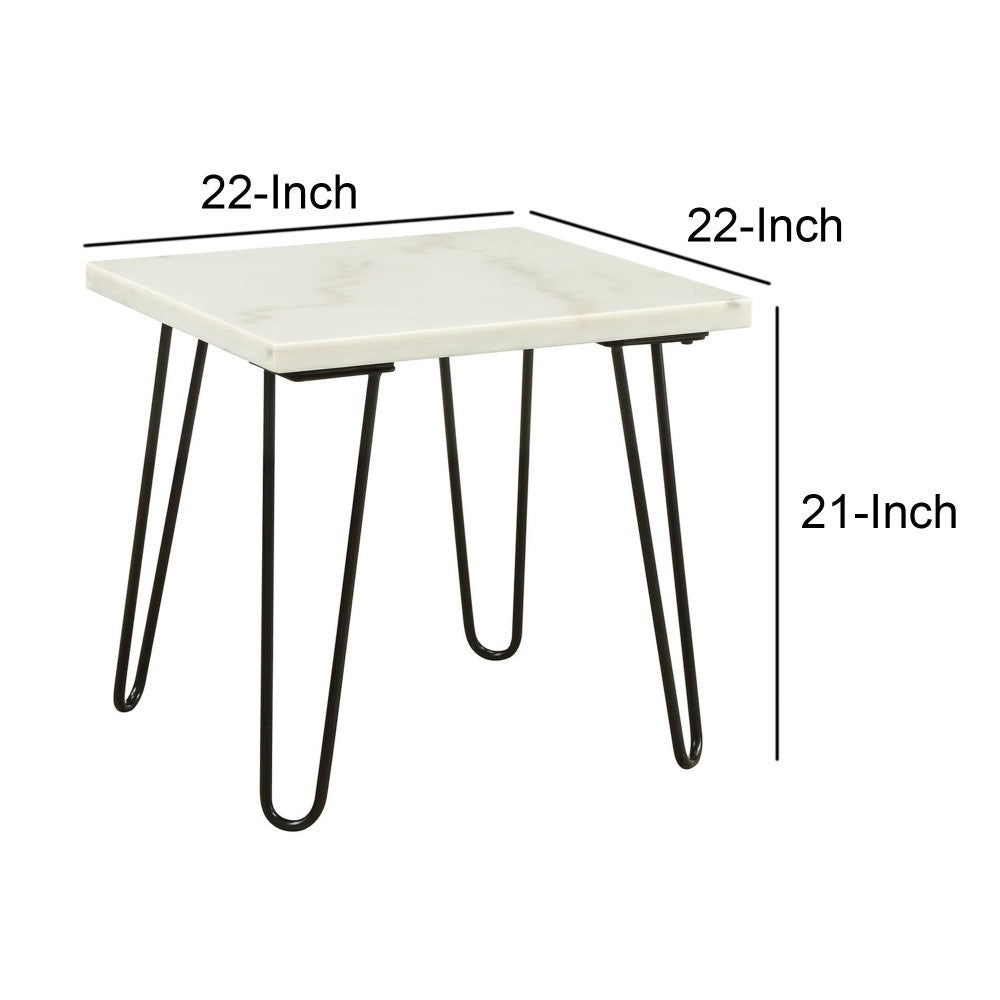 Benjara Marble Top End Table with Hairpin Style Metal Legs, White And Black