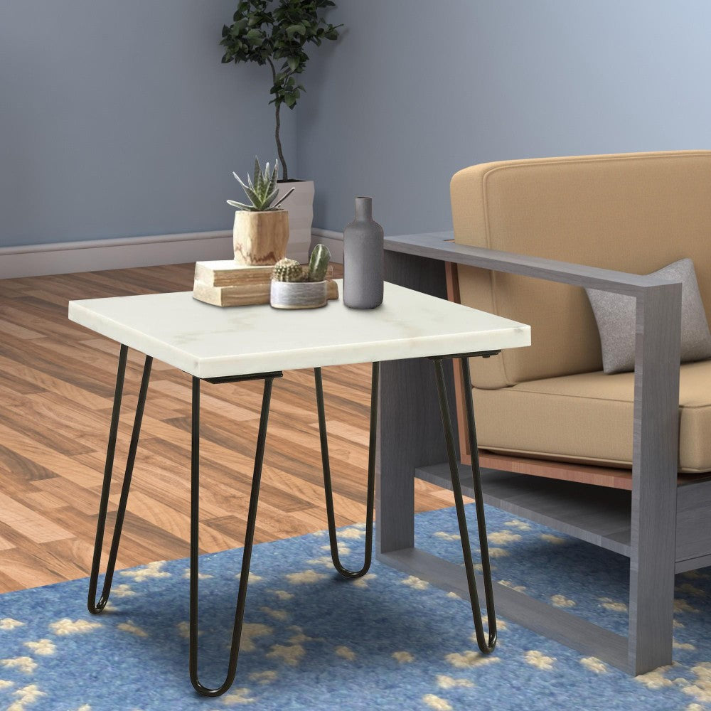 Benjara Marble Top End Table with Hairpin Style Metal Legs, White And Black