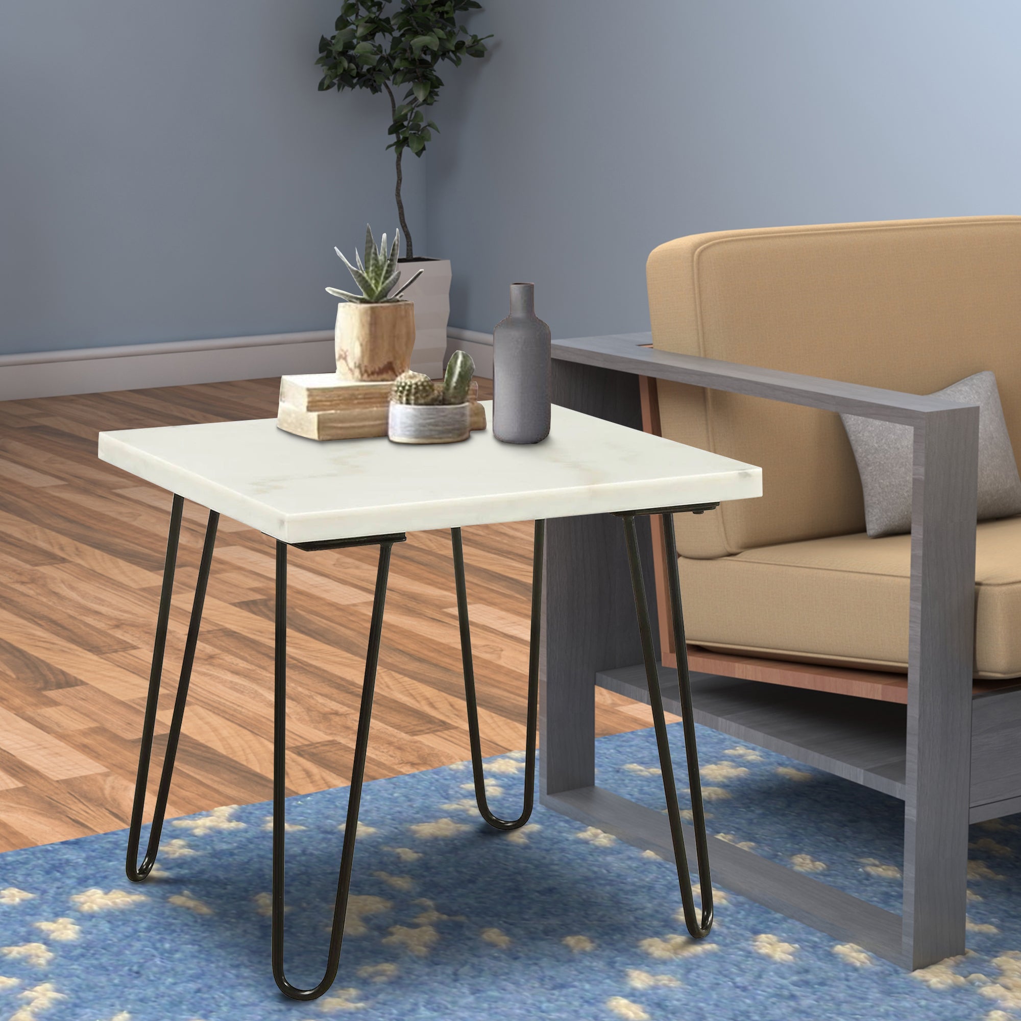 Benjara Marble Top End Table with Hairpin Style Metal Legs, White And Black