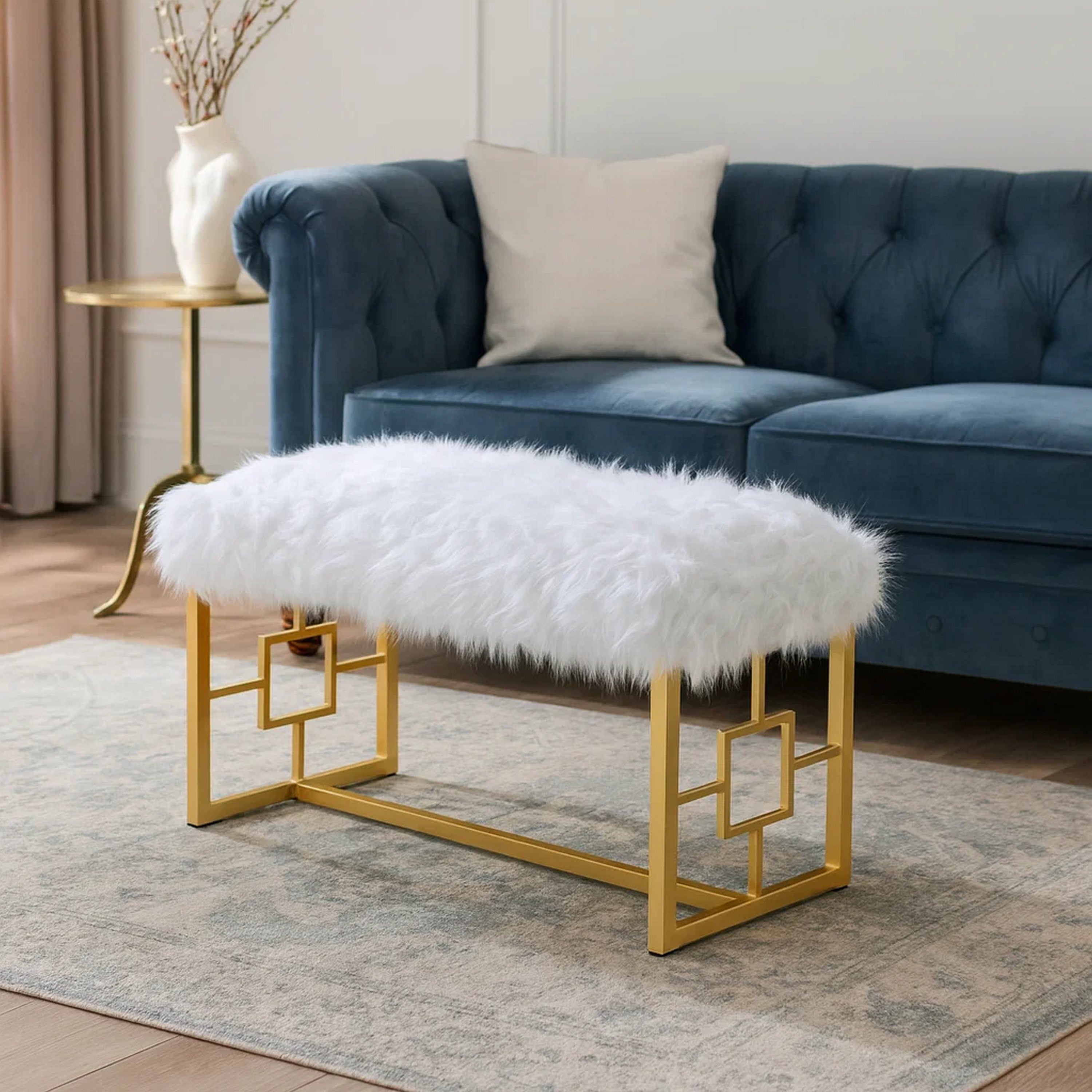 Benjara Modern Style Faux Fur Upholstered Bench with Geometrical Side Panels, White And Gold