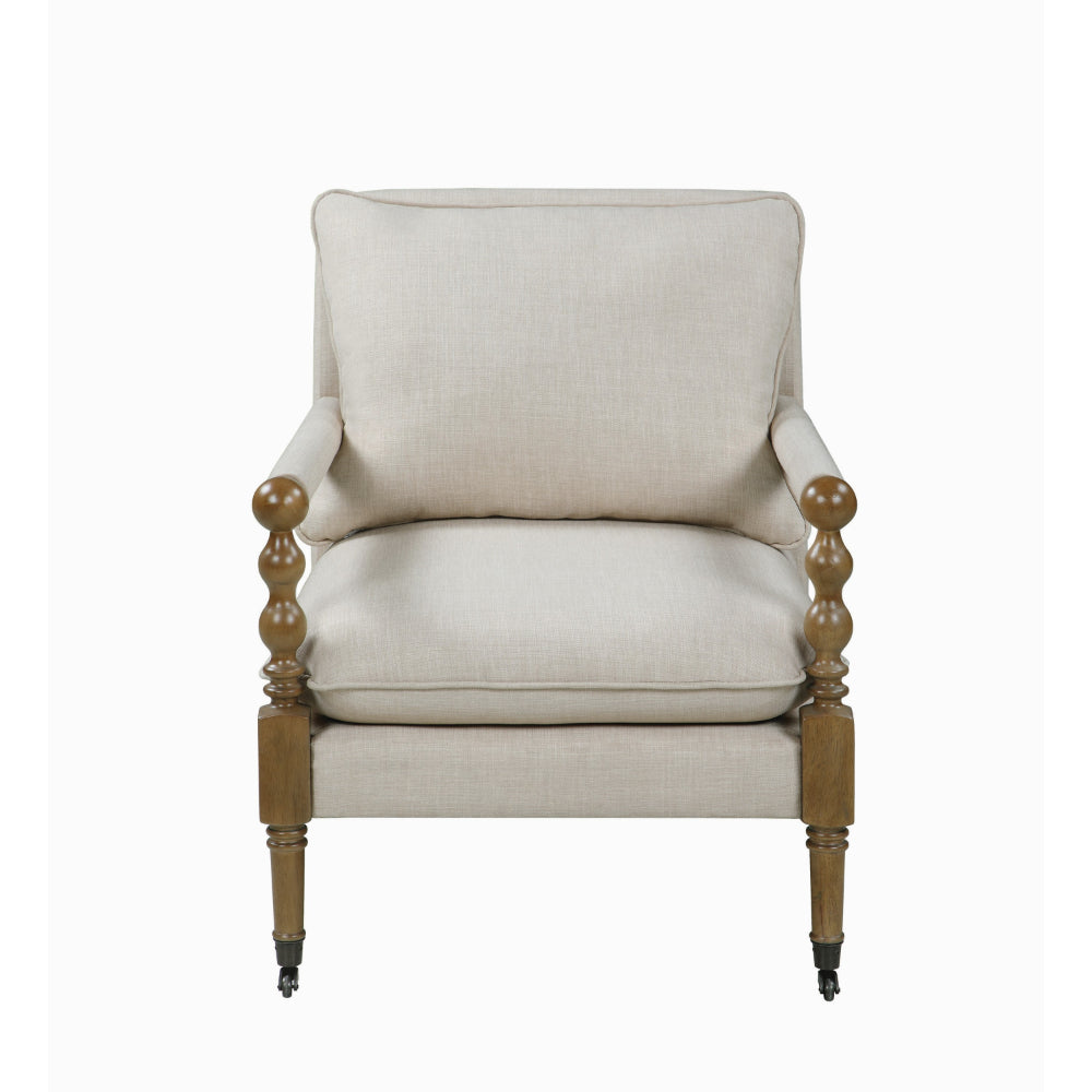 Benjara Fabric Upholstered Wooden Accent Chair with Manchette Armrest, Beige And Brown