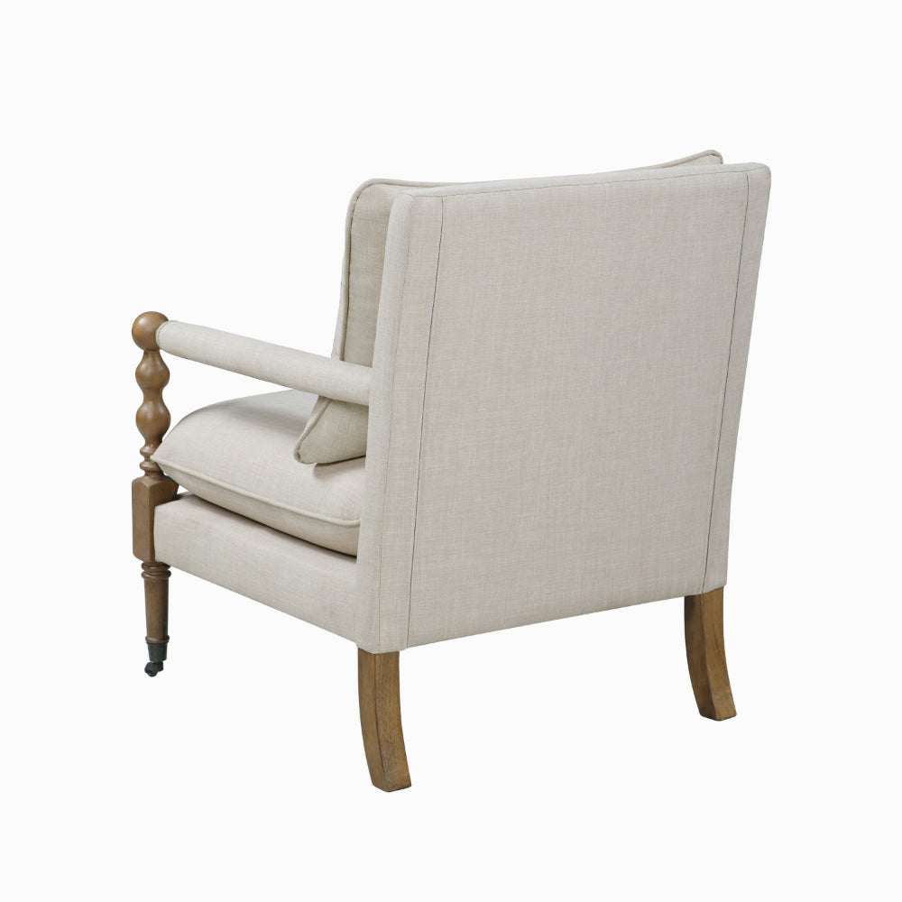 Benjara Fabric Upholstered Wooden Accent Chair with Manchette Armrest, Beige And Brown