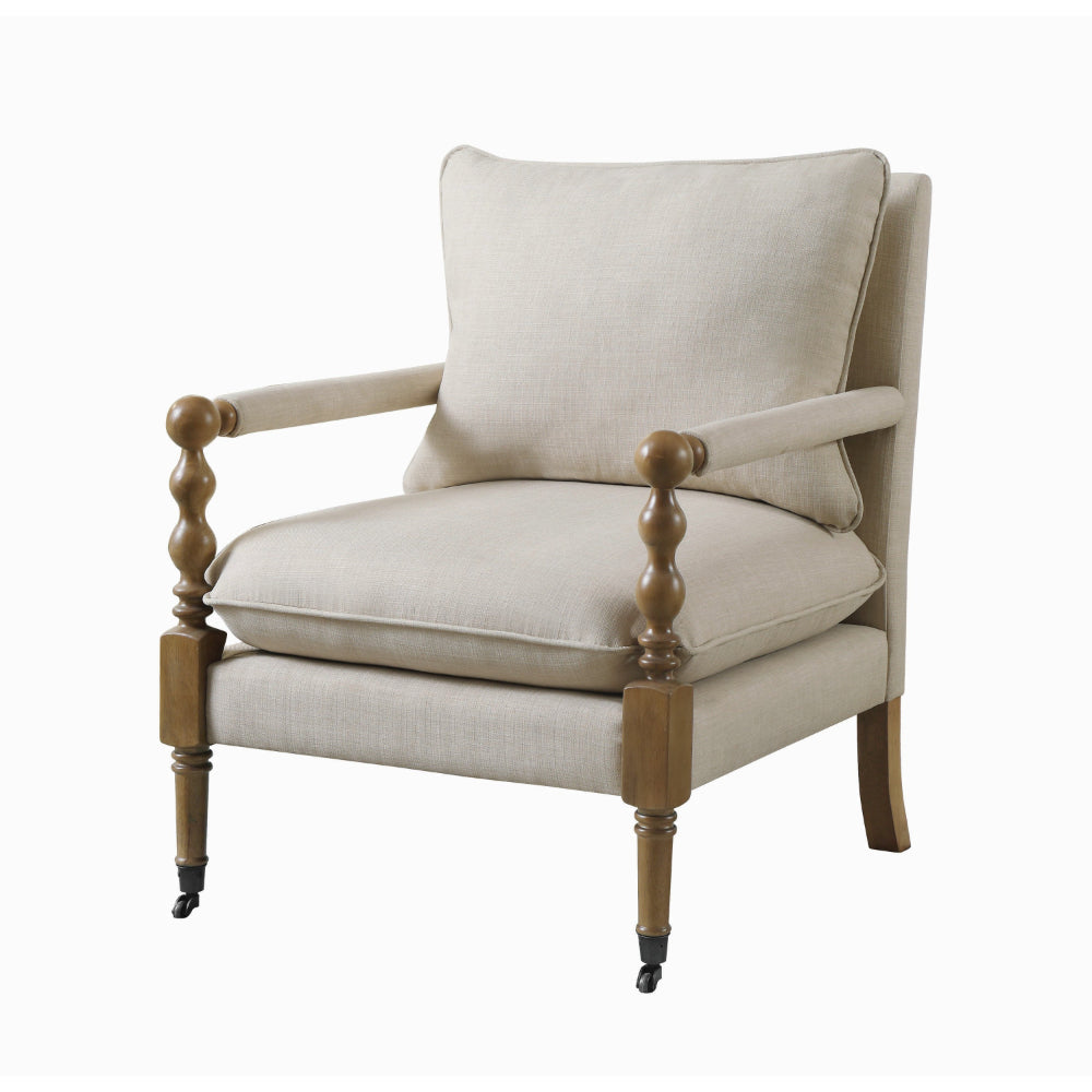 Benjara Fabric Upholstered Wooden Accent Chair with Manchette Armrest, Beige And Brown