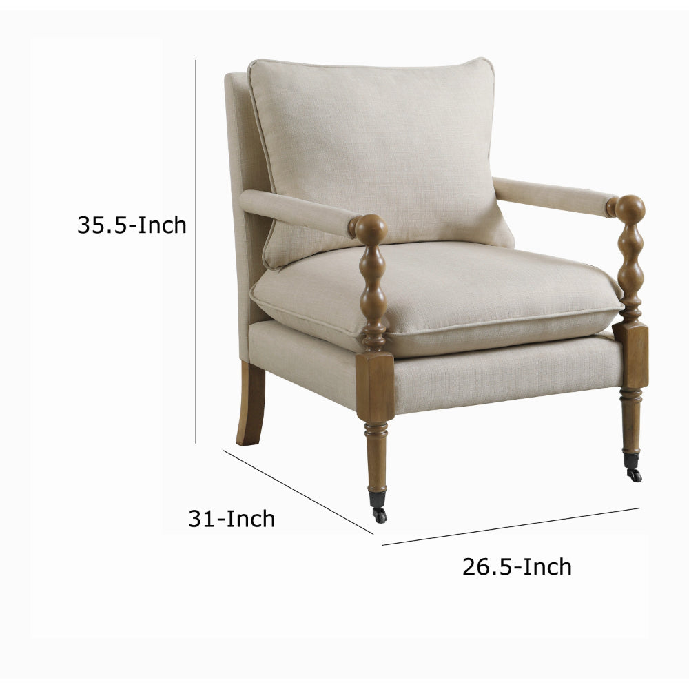Benjara Fabric Upholstered Wooden Accent Chair with Manchette Armrest, Beige And Brown