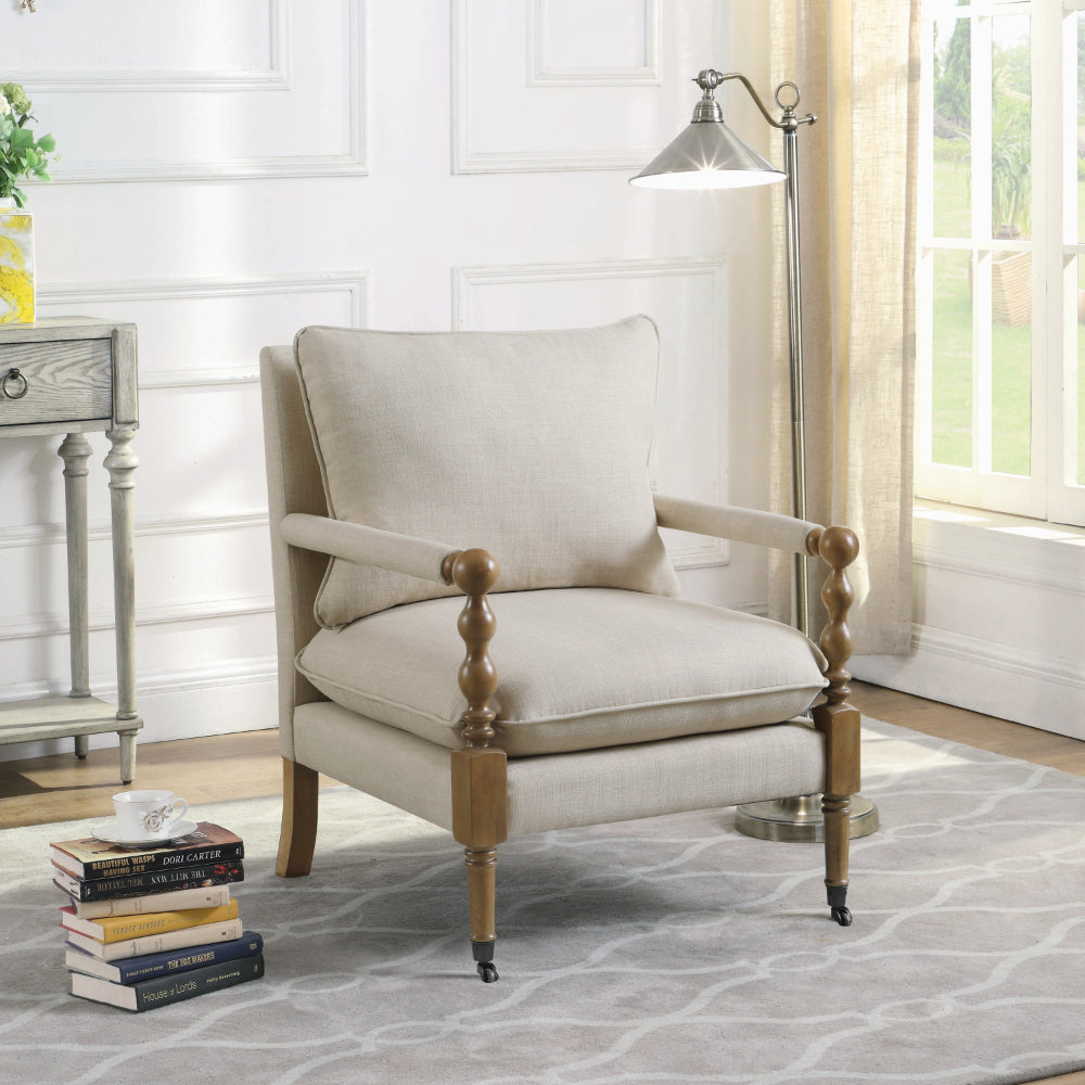 Benjara Fabric Upholstered Wooden Accent Chair with Manchette Armrest, Beige And Brown