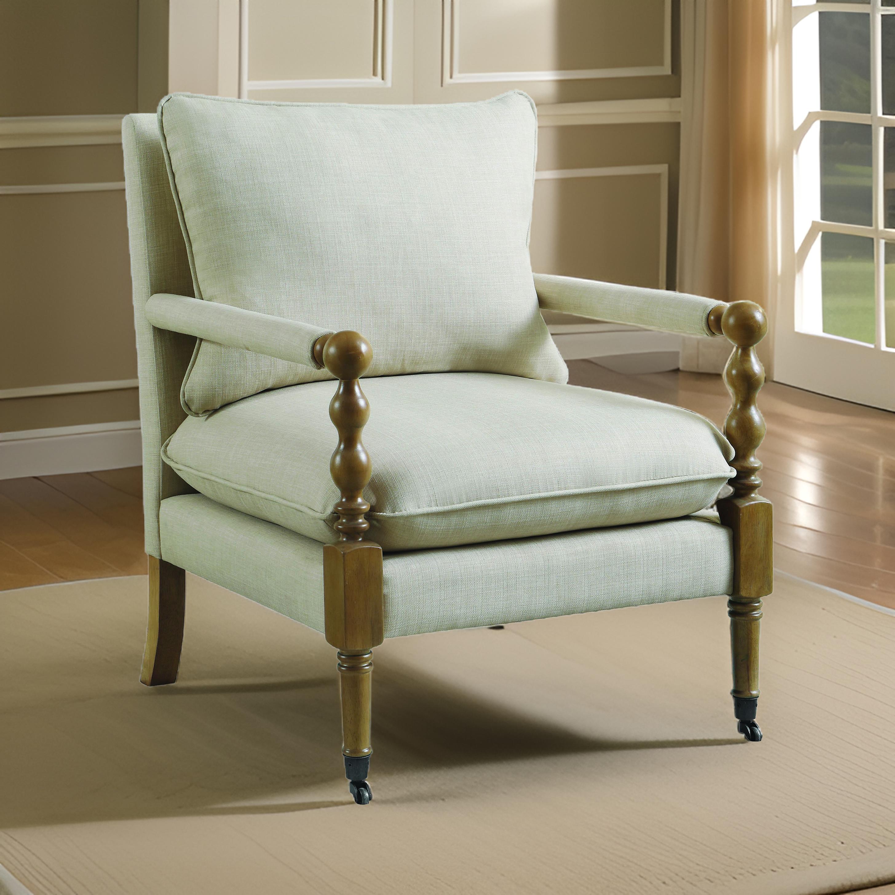 Benjara Fabric Upholstered Wooden Accent Chair with Manchette Armrest, Beige And Brown