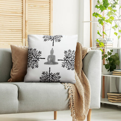 The Urban Port 18 x 18 Square Cotton Accent Throw Pillow, Meditating Buddha, Tree Print, Set of 2, White, Black