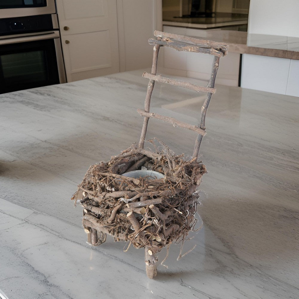 Benjara Nature Inspired Wooden Nest Planter with Clay Pot, Gray And Brown