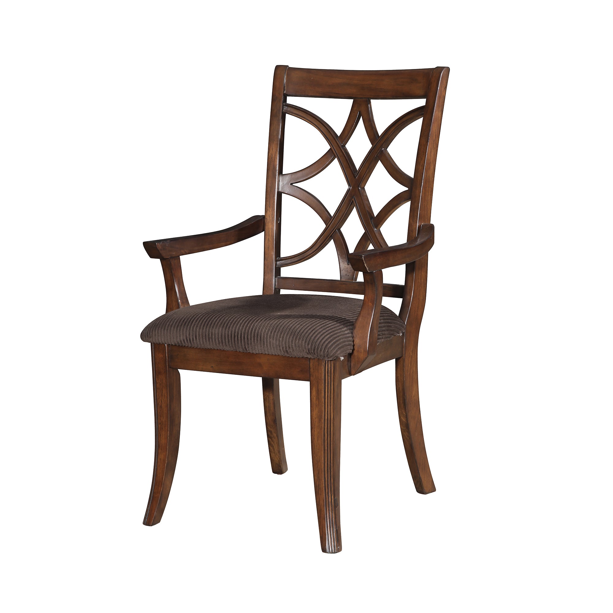 Benjara Wooden Arm Chair with Fabric Padded Seat And Lattice Design Backrest, Brown, Set of Two