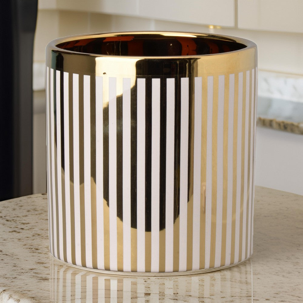 Benjara Ceramic Cylindrical Planter with Strips Pattern, White And Gold