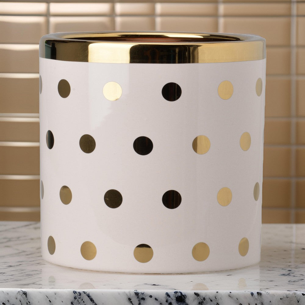 Benjara Ceramic Cylindrical Planter with Polka Dots Pattern, White And Gold