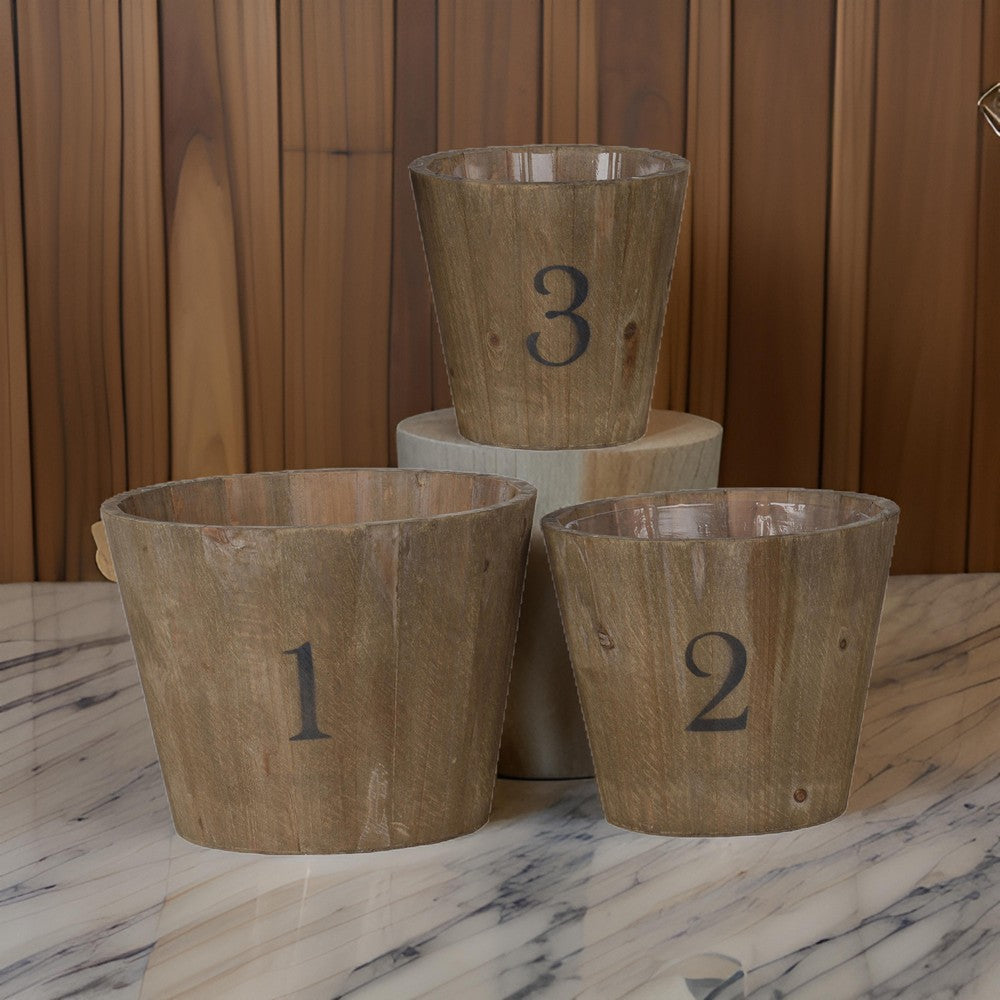 Benjara Wooden Planter with Round Base And Assorted Sizes, Set of 3, Brown