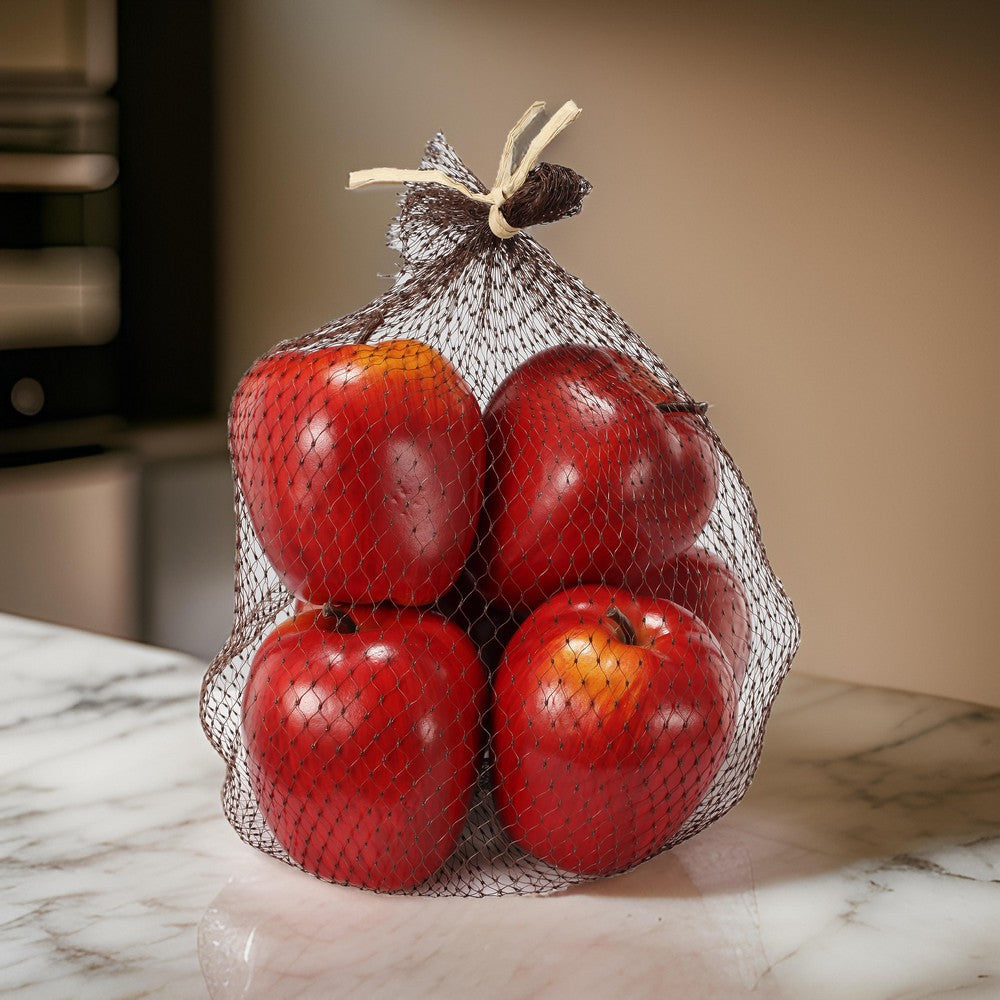 Benjara Decorative 6 Piece Artificial Apple in Plastic Net Bag, Red