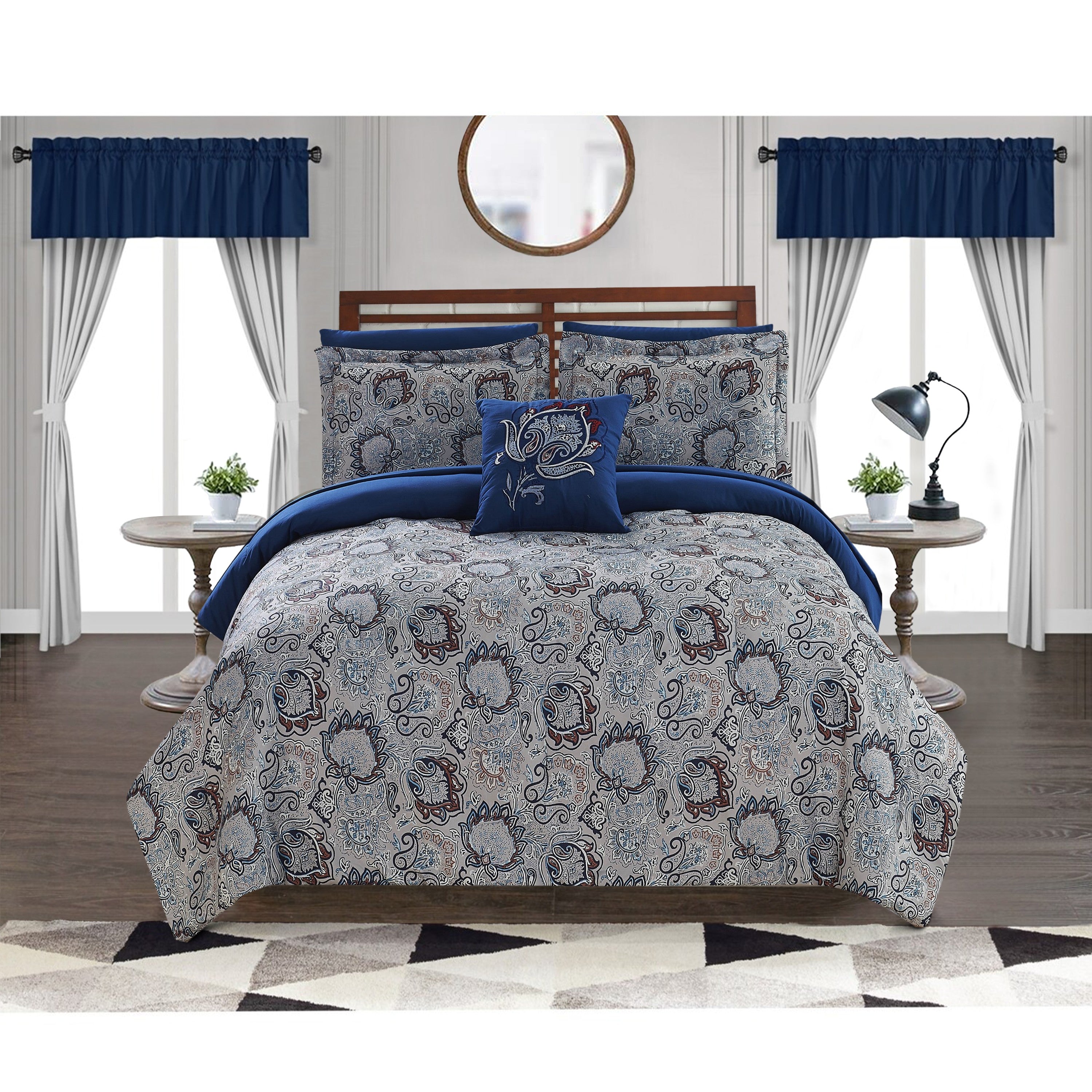 The Urban Port Caen 8 Piece Printed Queen Reversible Comforter Set The Urban Port, Gray And Blue