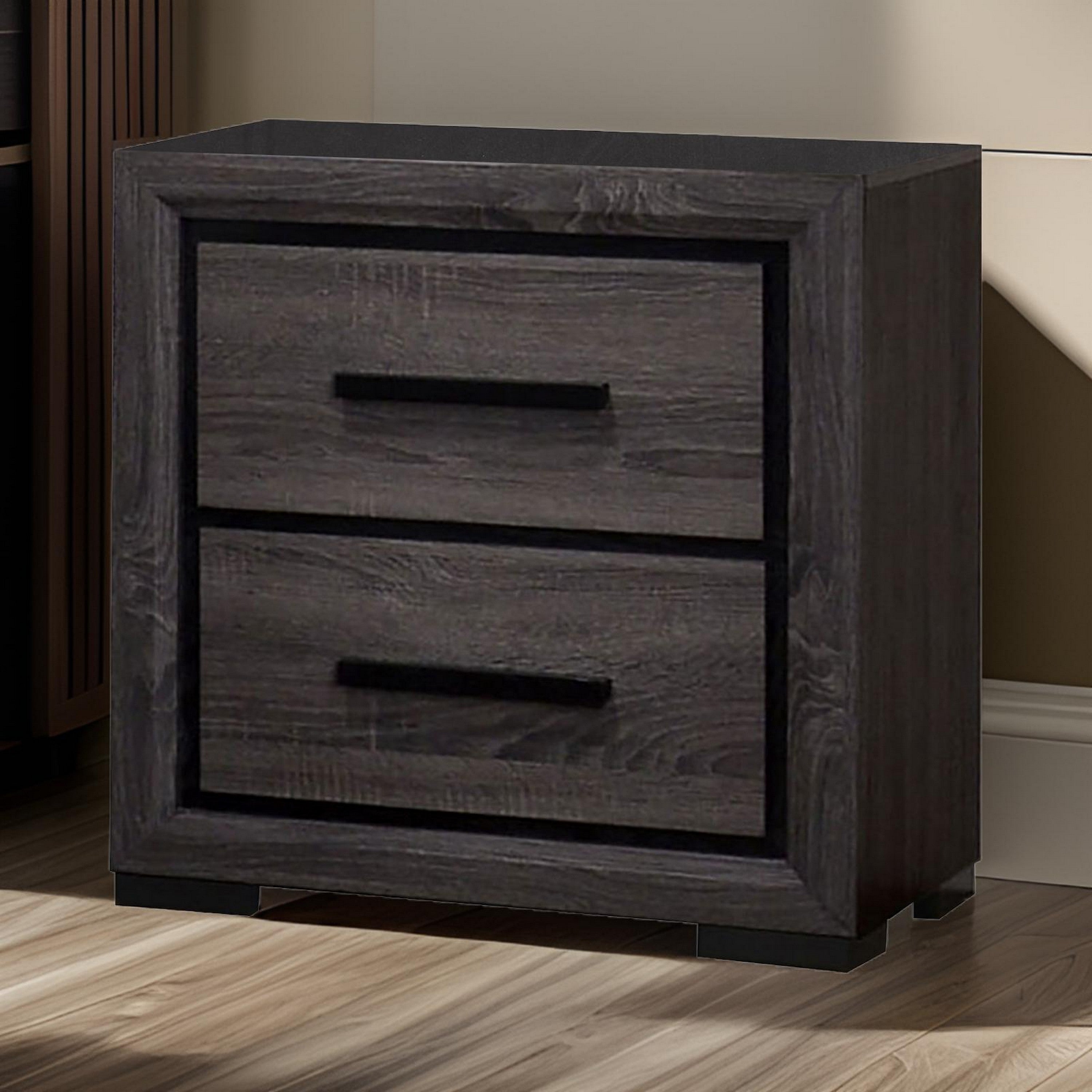 Benjara Wooden Nightstand with 2 Drawers And Finger Pull Handle,Gray And Black