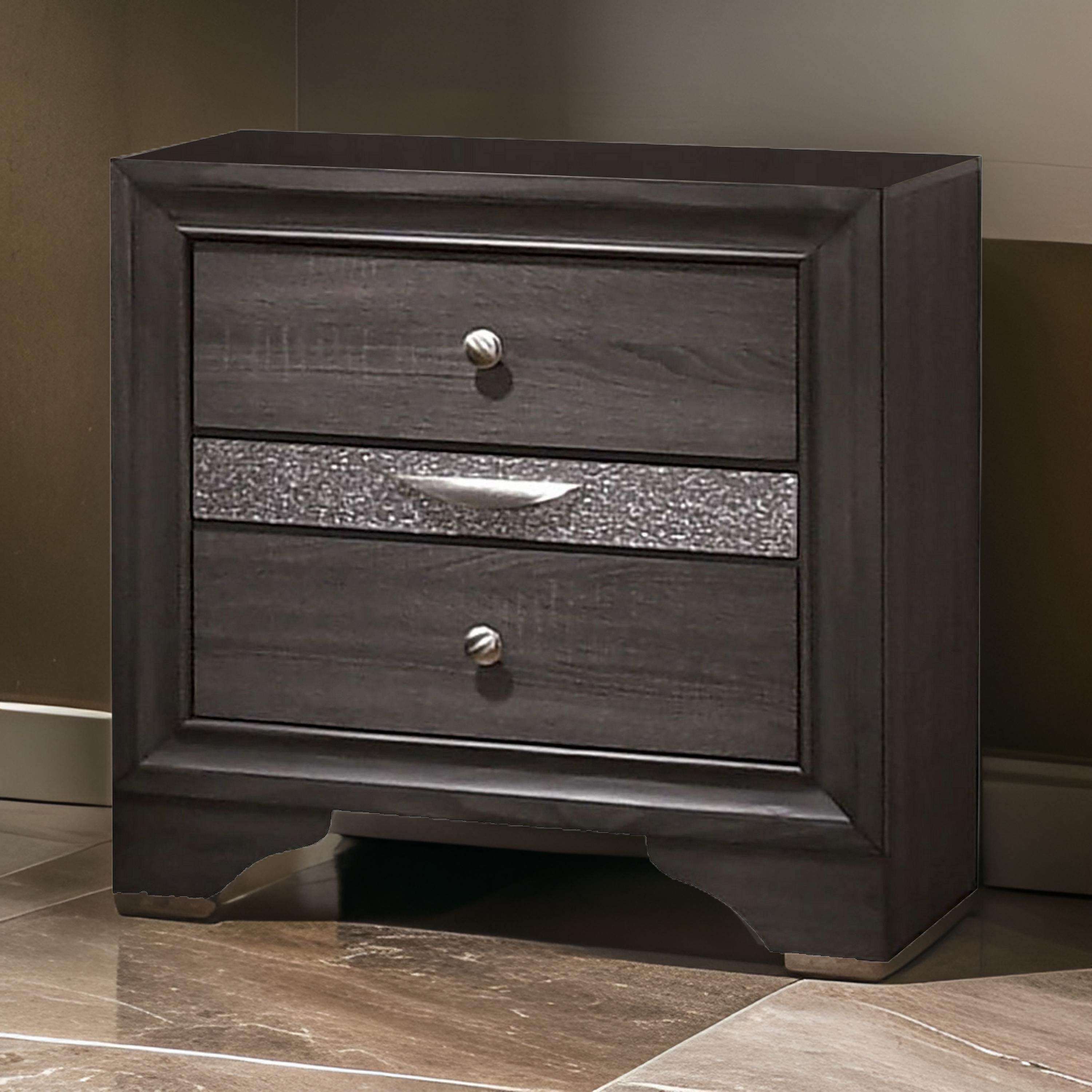 Benjara Wooden Nightstand with 2 Drawers And 1 Jewelry Drawer, Gray And Silver