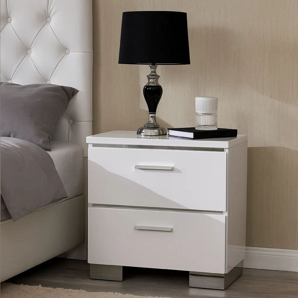 Benjara Wood And Metal Nightstand with 2 Drawers, White And Silver