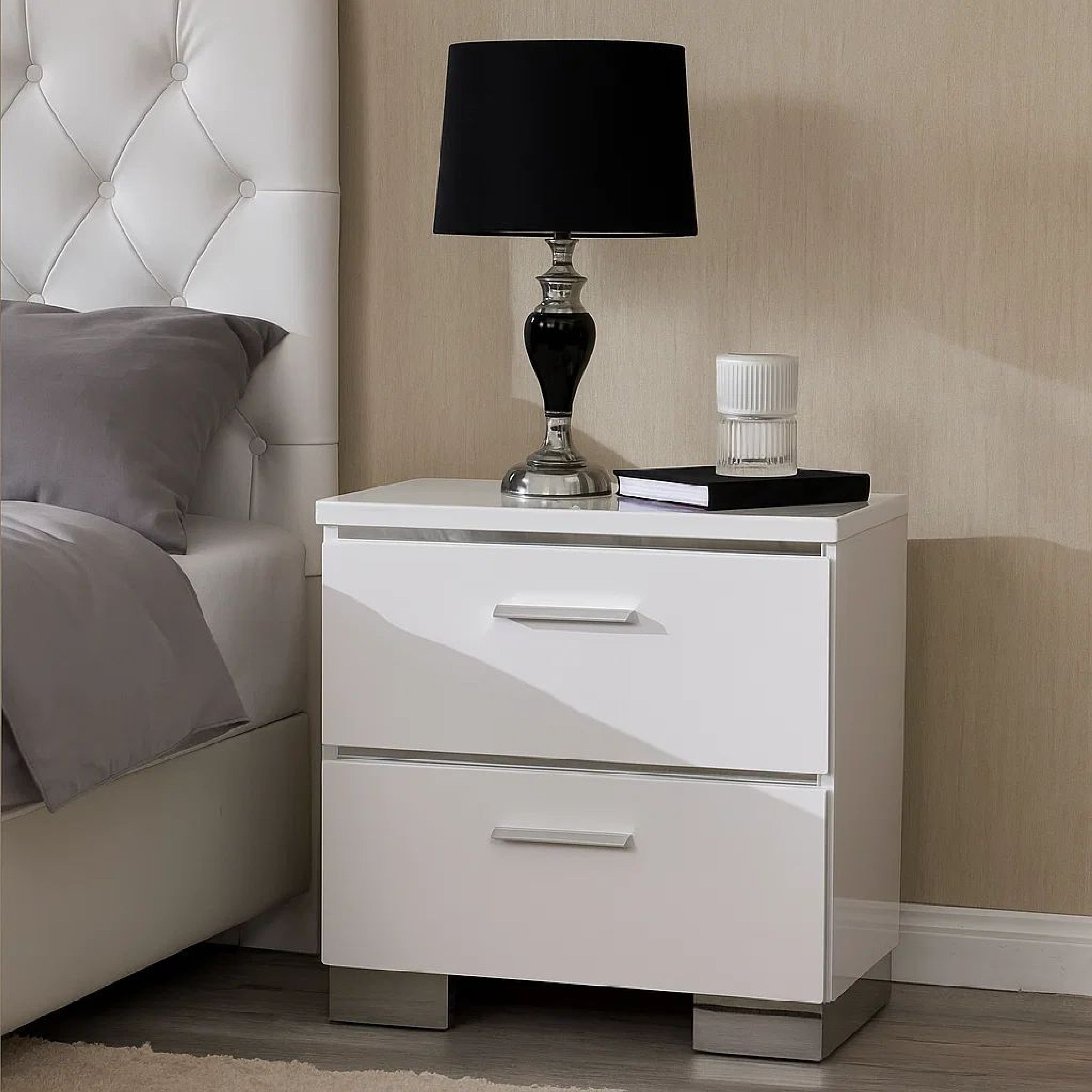 Benjara Wood And Metal Nightstand with 2 Drawers, White And Silver