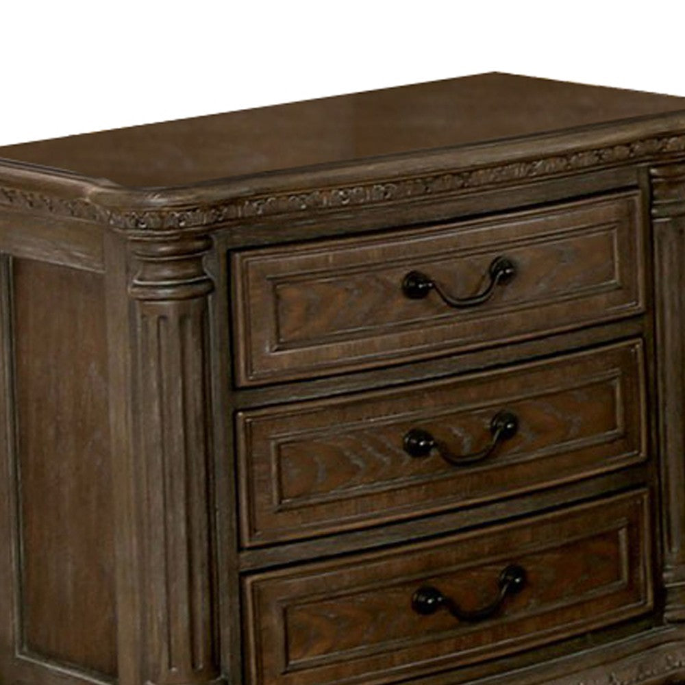 Benjara Wooden Nightstand with 3 Drawers And Intricate Carving Details, Brown