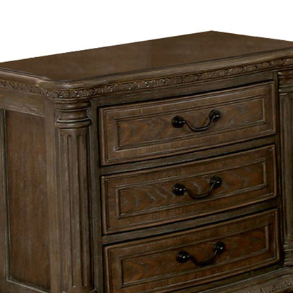 Benjara Wooden Nightstand with 3 Drawers And Intricate Carving Details, Brown