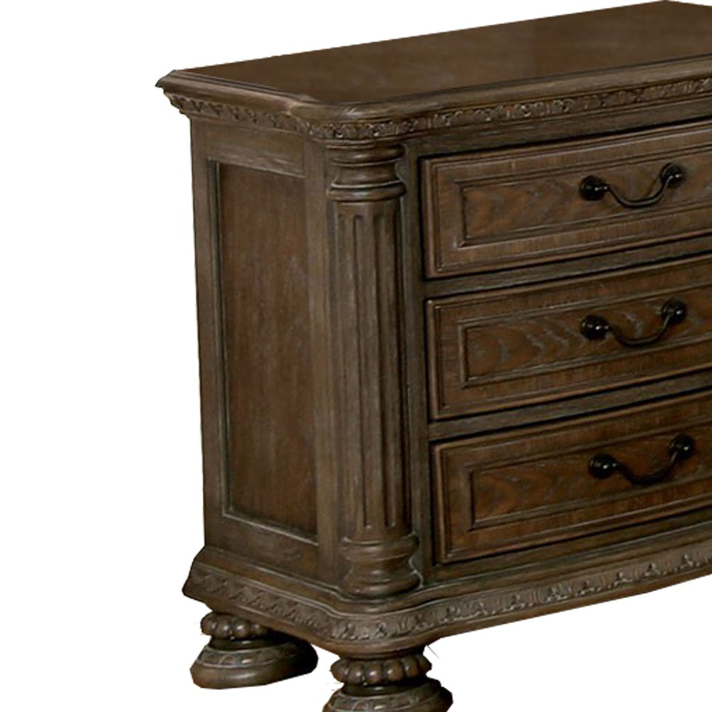 Benjara Wooden Nightstand with 3 Drawers And Intricate Carving Details, Brown