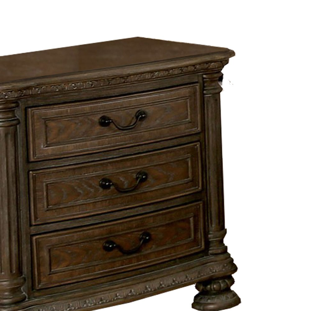 Benjara Wooden Nightstand with 3 Drawers And Intricate Carving Details, Brown