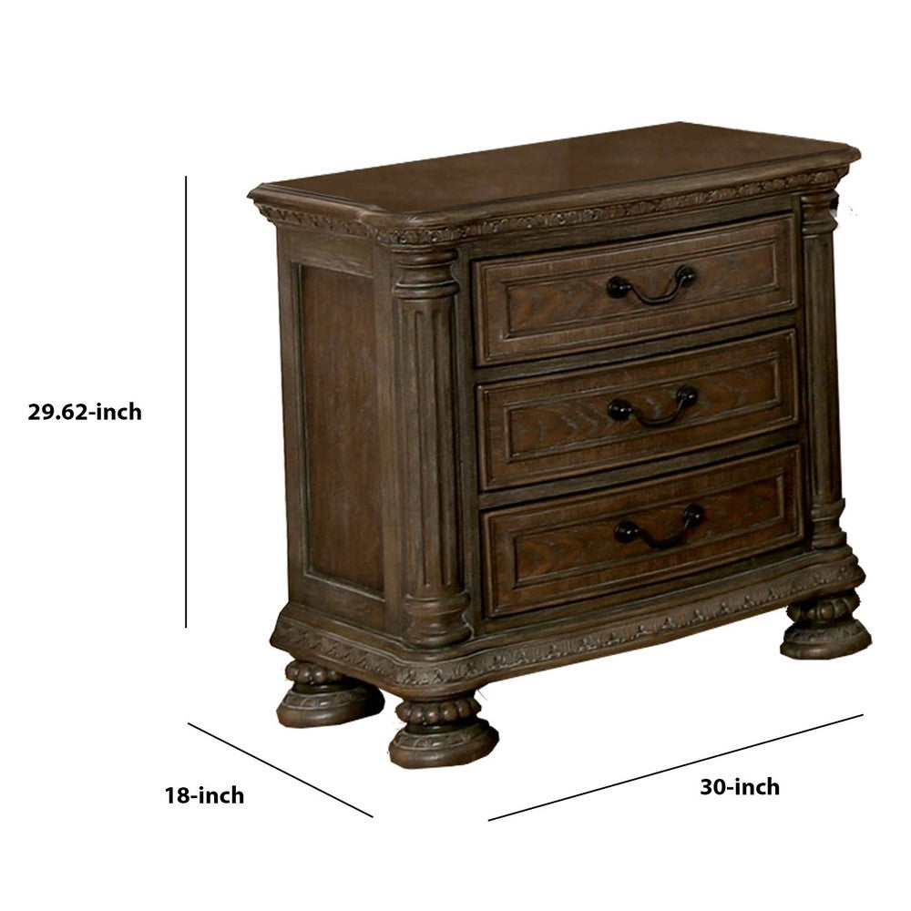 Benjara Wooden Nightstand with 3 Drawers And Intricate Carving Details, Brown