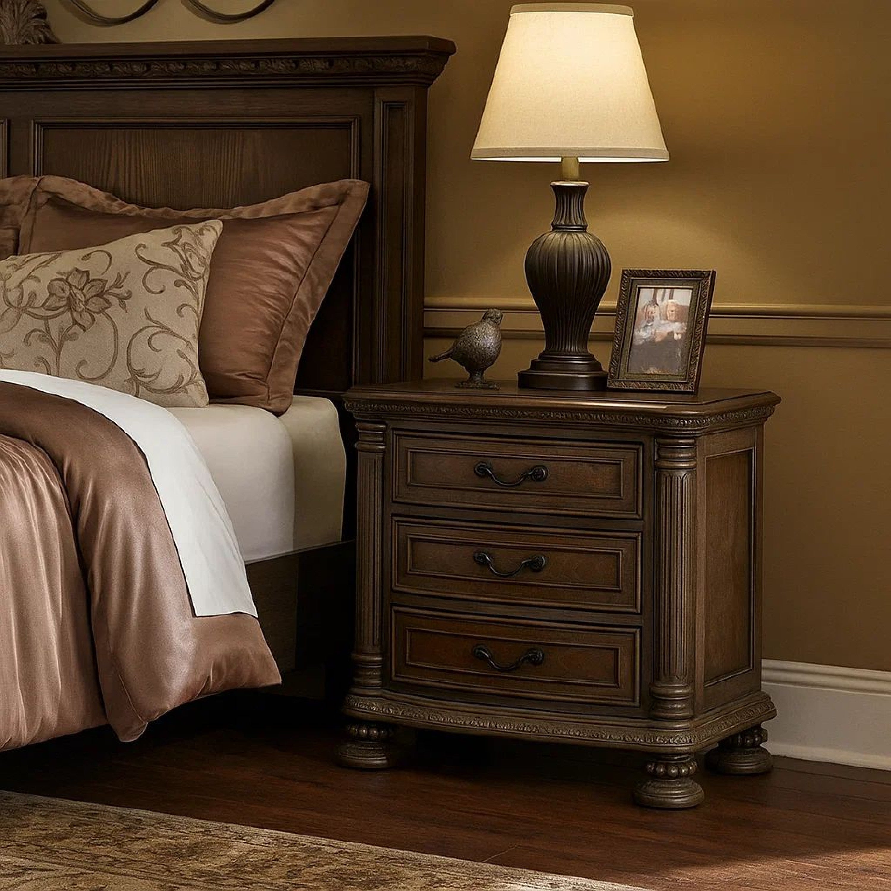 Benjara Wooden Nightstand with 3 Drawers And Intricate Carving Details, Brown