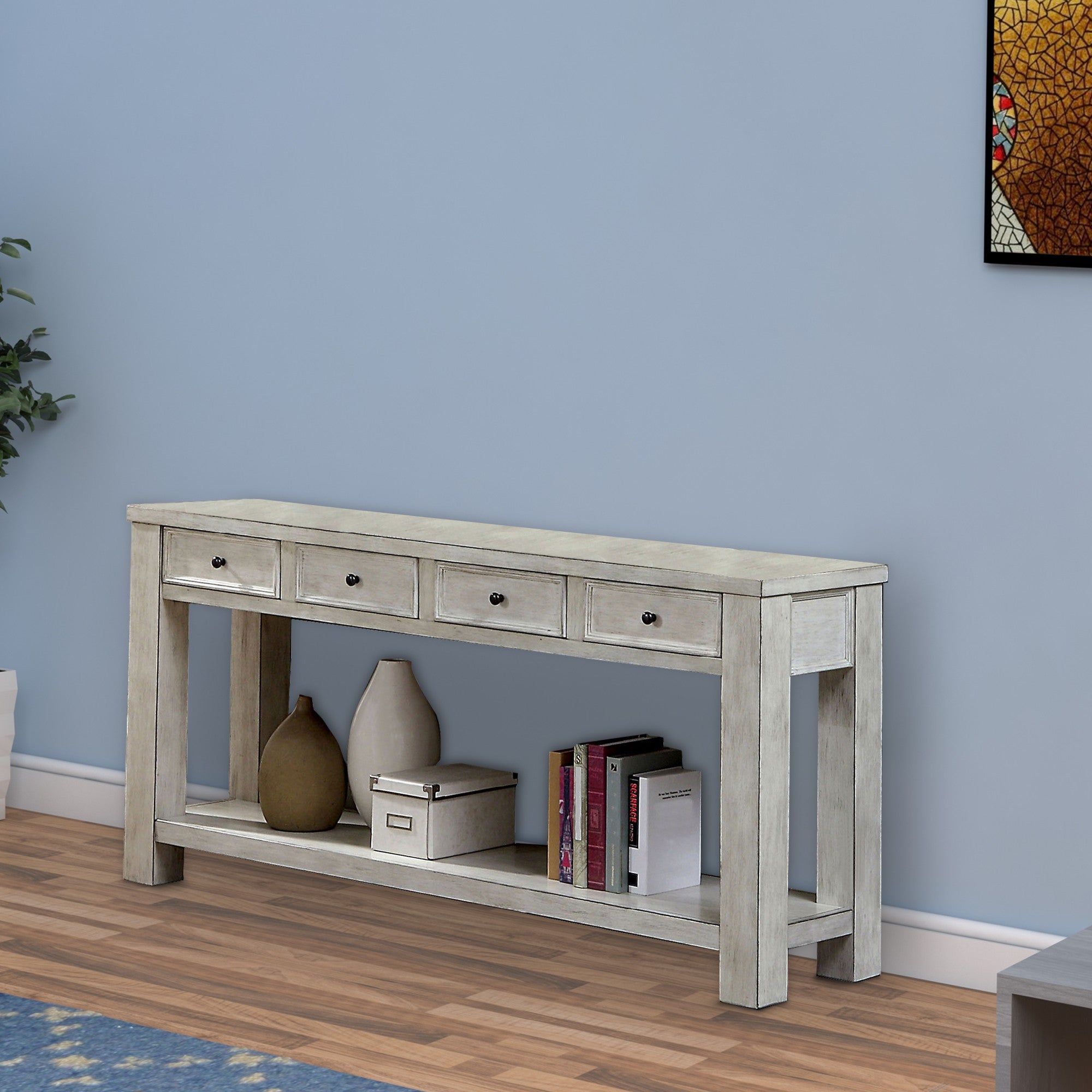 Benjara Transitional Wooden Console Table with 4 Drawers And Open Shelf, White