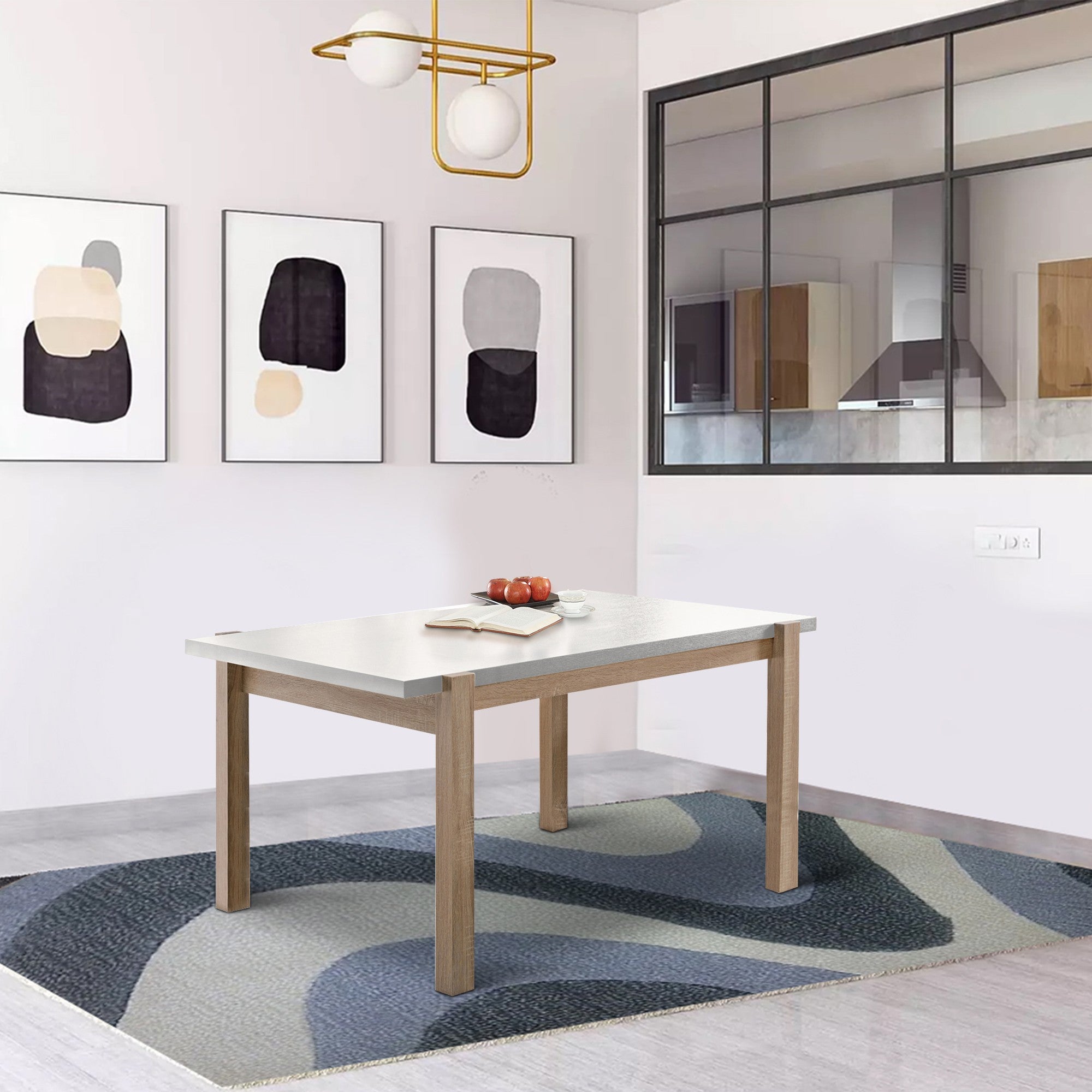 Benjara Rectangular Wooden Dining Table with Straight Legs, White And Brown