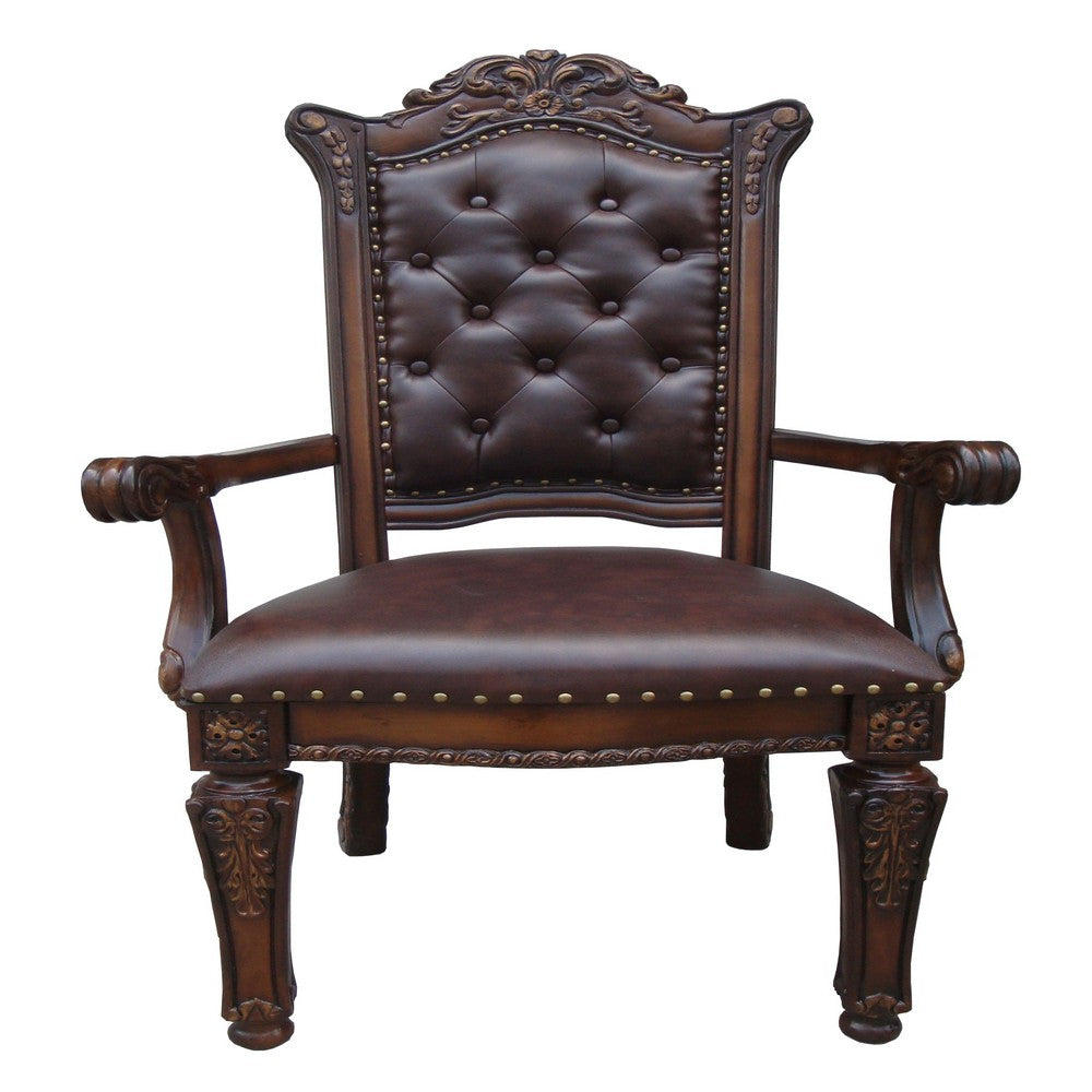 Benjara Leather Upholstered Button Tufted Wooden Side Chair, Set of Two,Brown