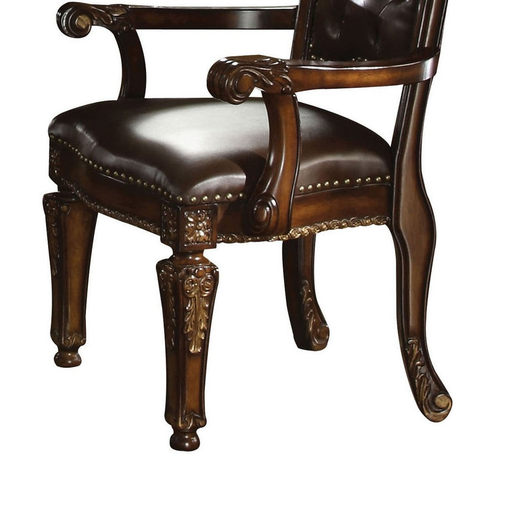Benjara Leather Upholstered Button Tufted Wooden Side Chair, Set of Two,Brown