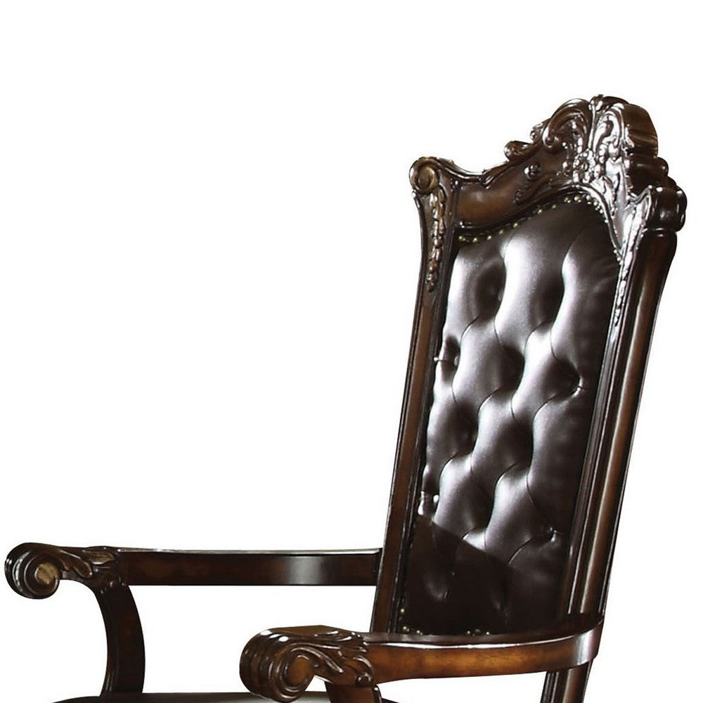 Benjara Leather Upholstered Button Tufted Wooden Side Chair, Set of Two,Brown