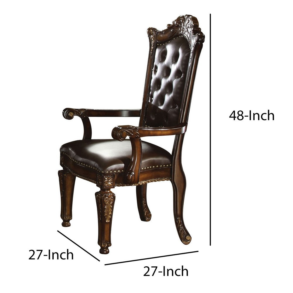 Benjara Leather Upholstered Button Tufted Wooden Side Chair, Set of Two,Brown