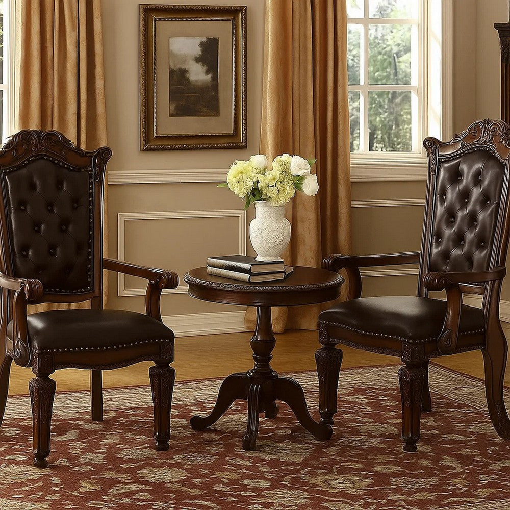 Benjara Leather Upholstered Button Tufted Wooden Side Chair, Set of Two,Brown