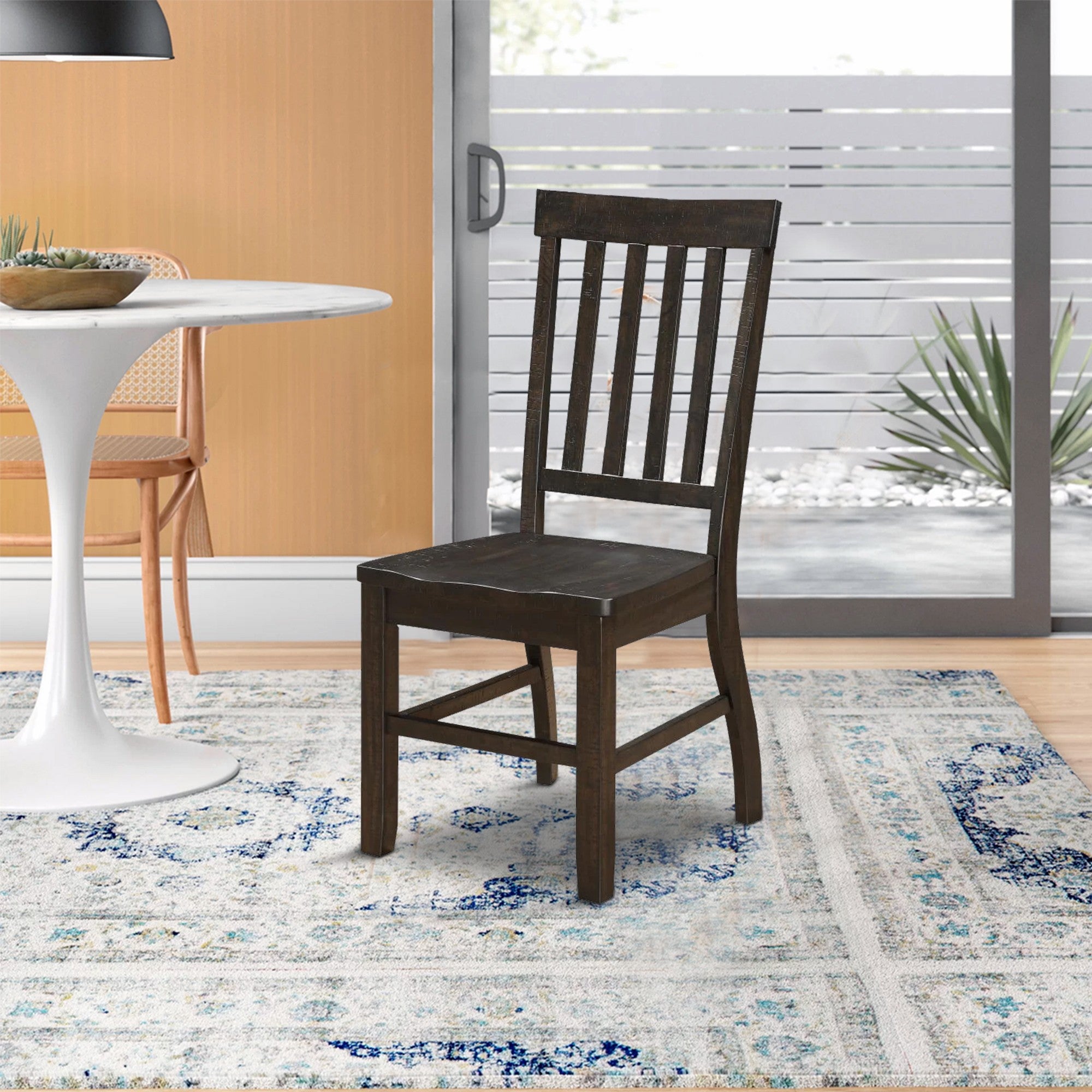 Benjara Wooden Dining Side Chairs with Slated Style Back, Set of Two, Brown