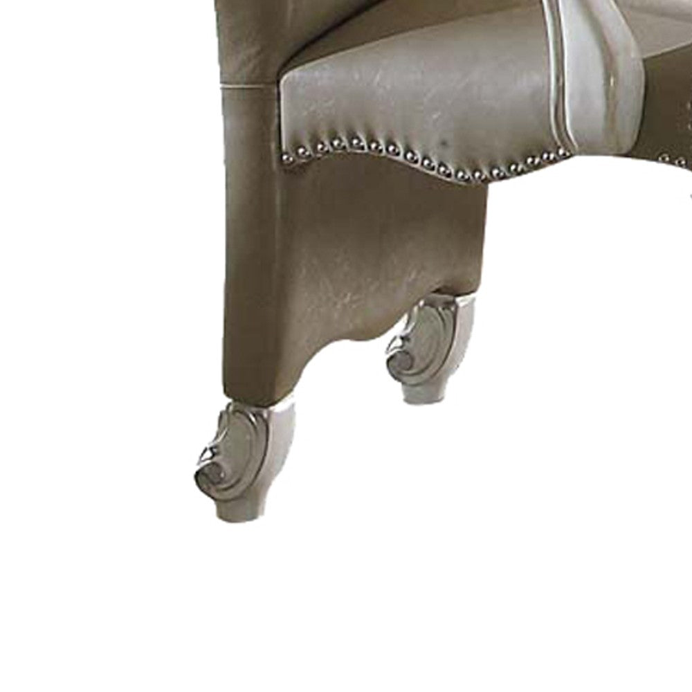 Benjara Faux Leather Upholstered Wooden Arm Chairs, Set of Two, White And Gray