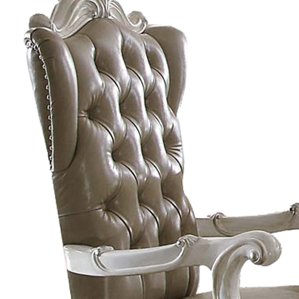 Benjara Faux Leather Upholstered Wooden Arm Chairs, Set of Two, White And Gray