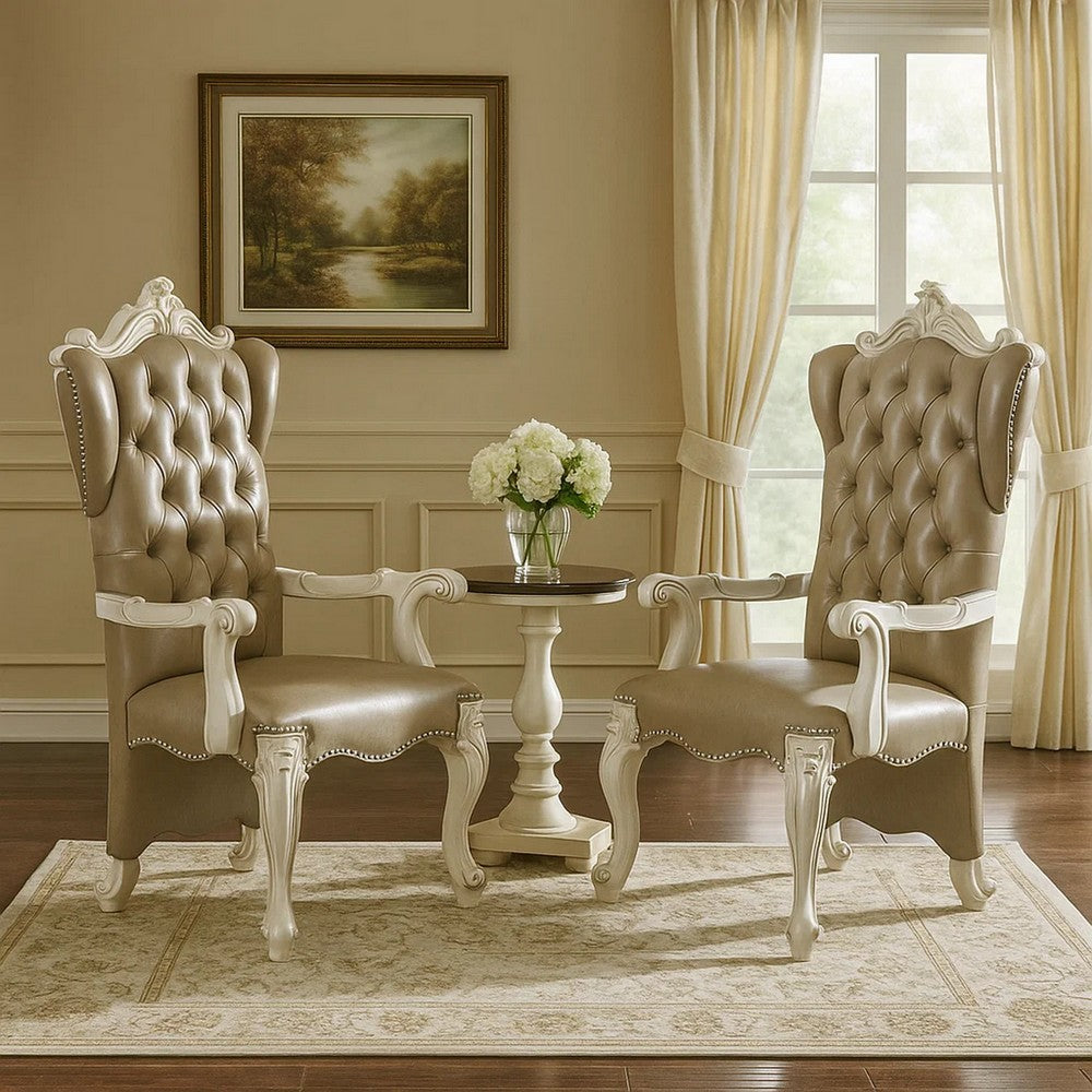 Benjara Faux Leather Upholstered Wooden Arm Chairs, Set of Two, White And Gray