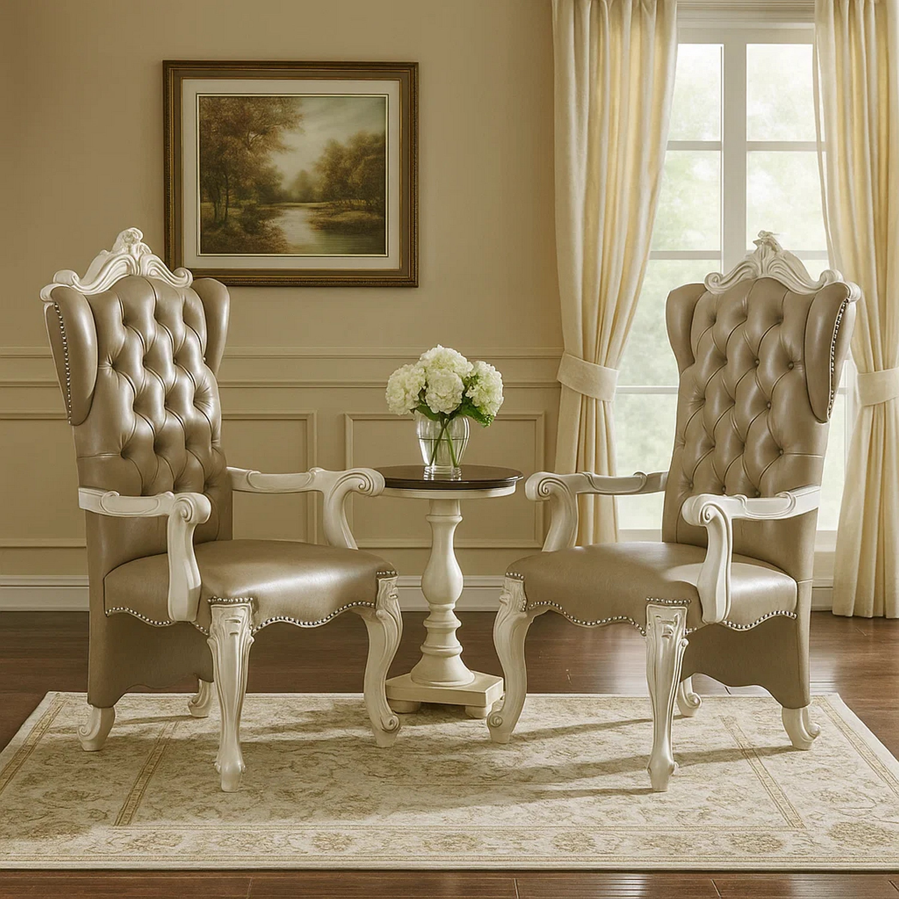 Benjara Faux Leather Upholstered Wooden Arm Chairs, Set of Two, White And Gray