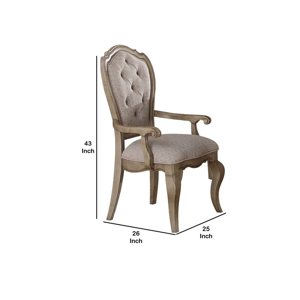 Benjara Wooden Arm Chairs with Button Tufting, Set of Two, Gray And Brown