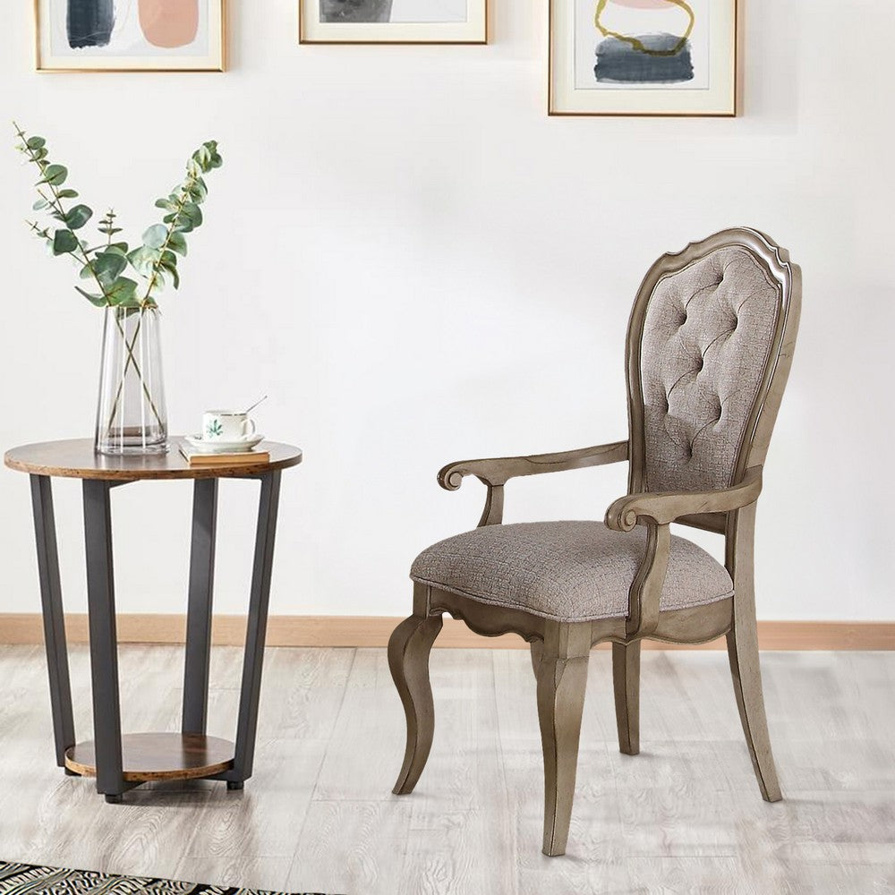 Benjara Wooden Arm Chairs with Button Tufting, Set of Two, Gray And Brown