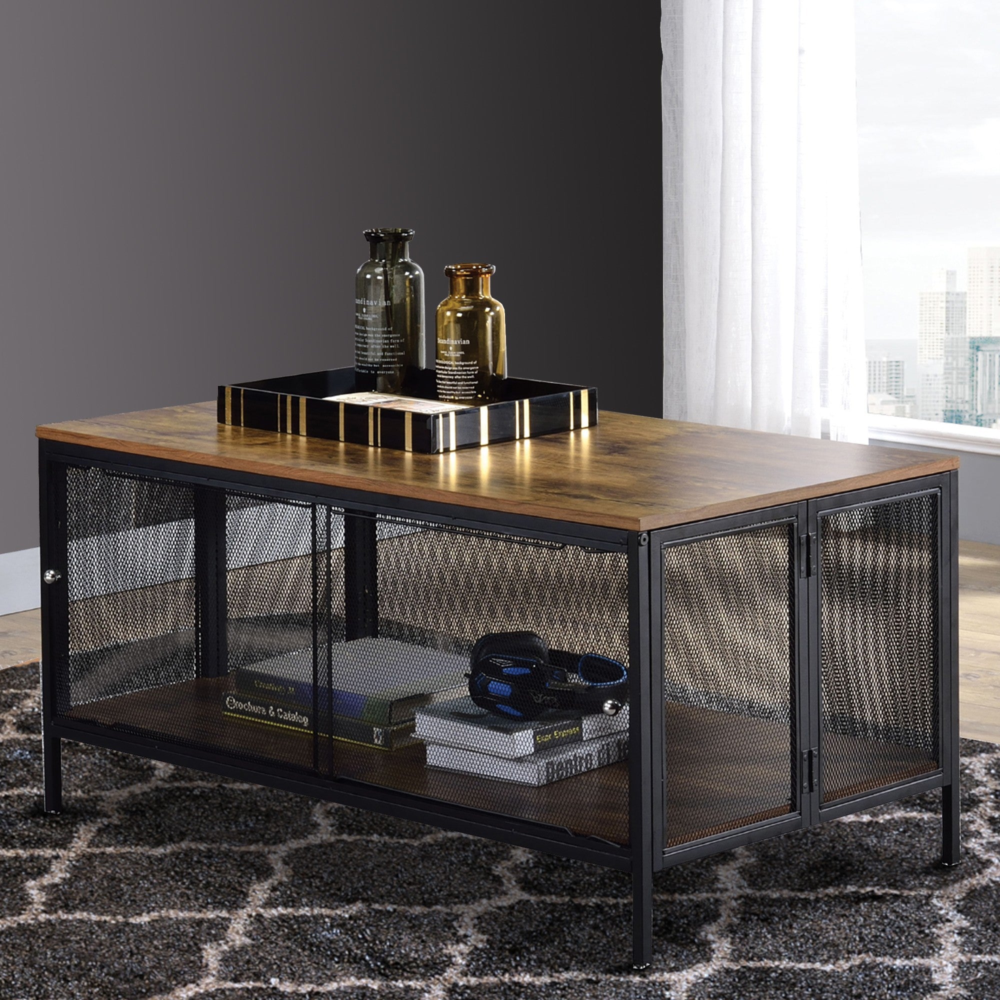 Benjara Metal Coffee Table with 1 Bottom Shelf And Mesh Design, Brown And Gray