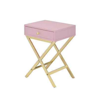 Benjara Wood And Metal Side Table with Crossed Base, Pink And Gold