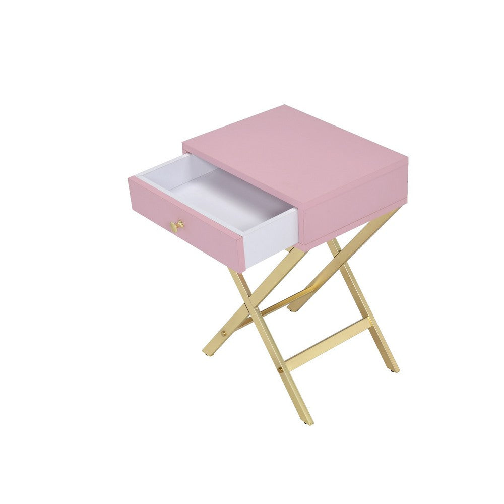 Benjara Wood And Metal Side Table with Crossed Base, Pink And Gold
