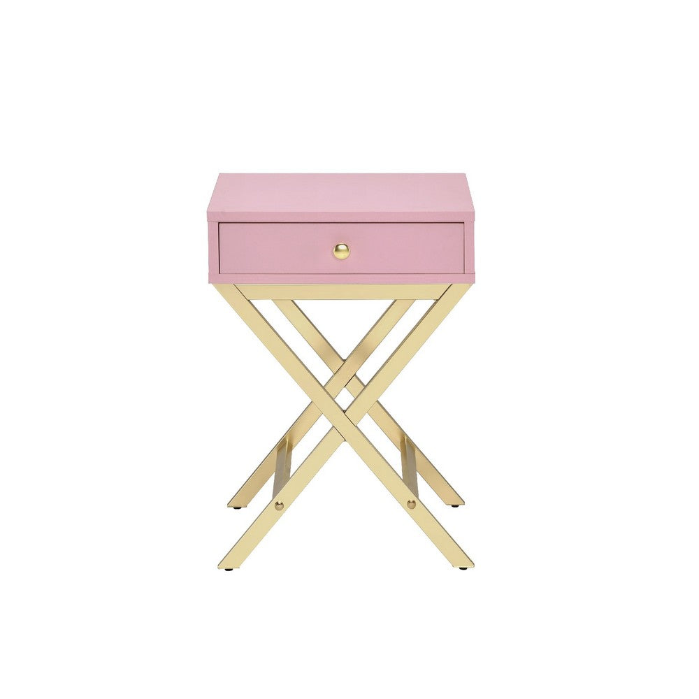Benjara Wood And Metal Side Table with Crossed Base, Pink And Gold