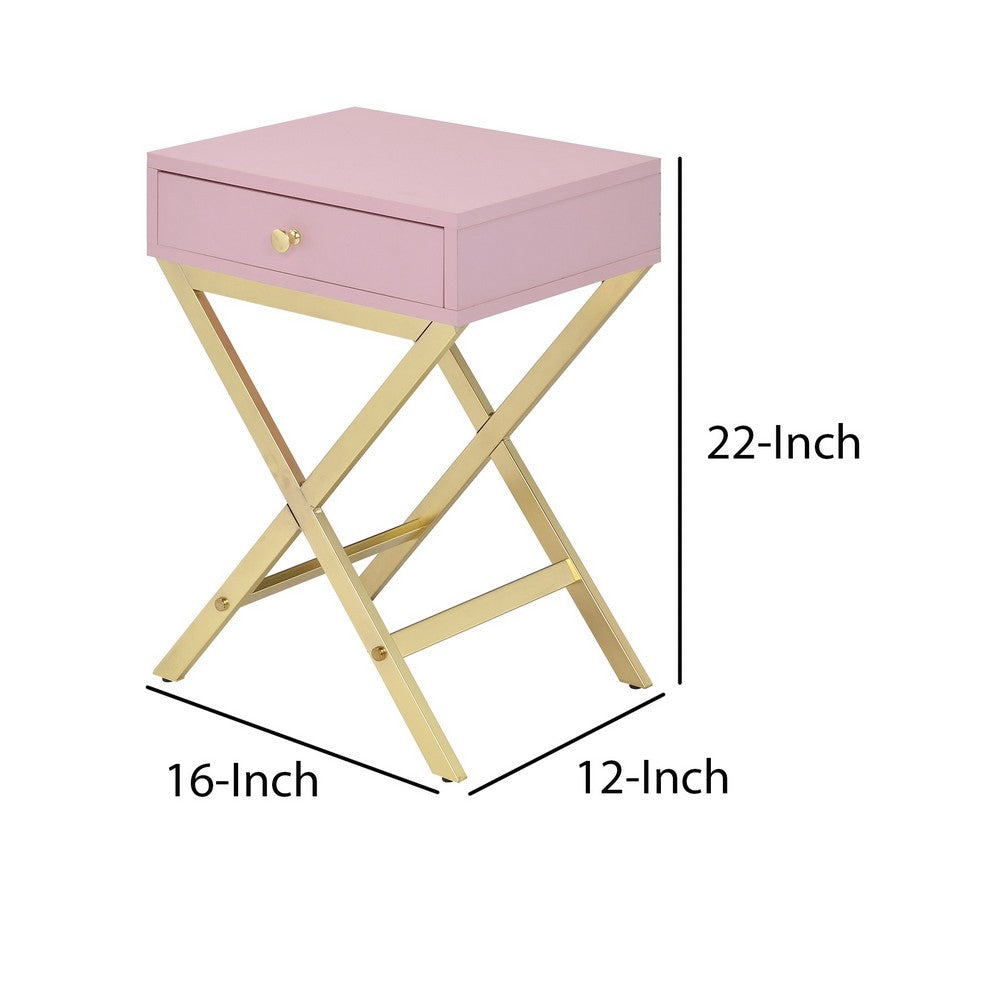 Benjara Wood And Metal Side Table with Crossed Base, Pink And Gold