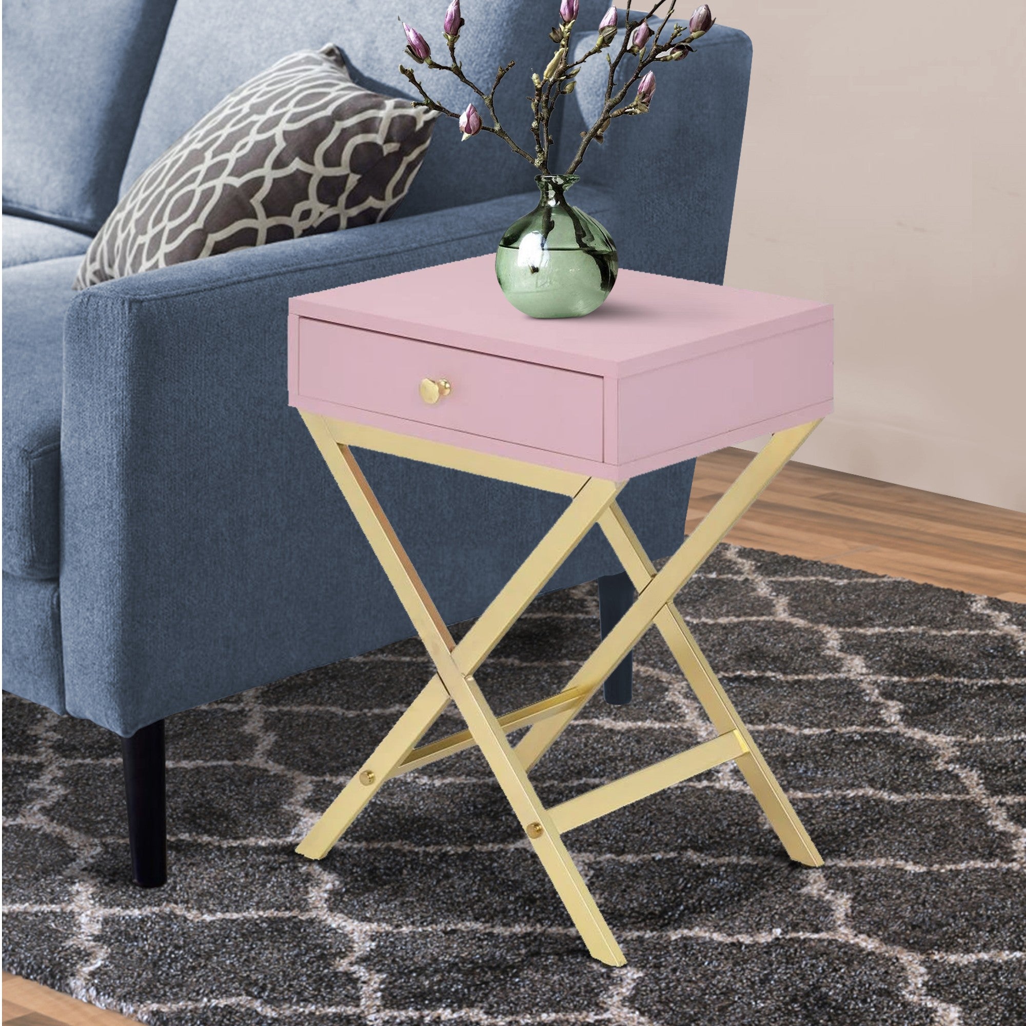 Benjara Wood And Metal Side Table with Crossed Base, Pink And Gold