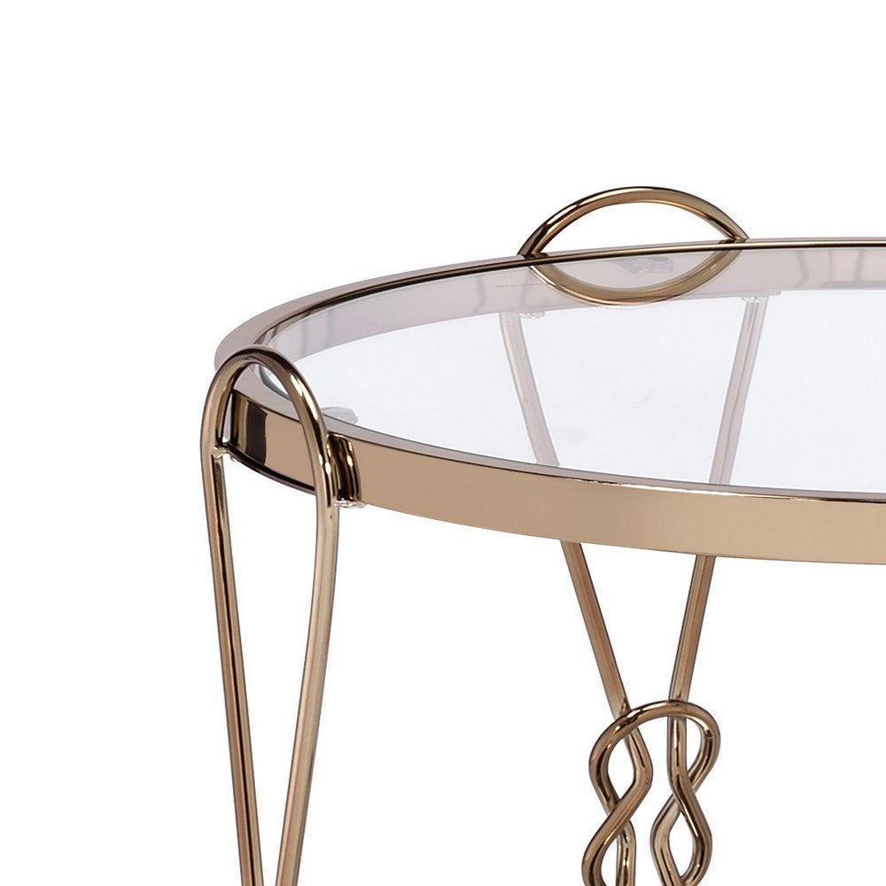 Benjara Metal End Table with Mirrored Top And 1 Bottom shelf, Gold And Clear