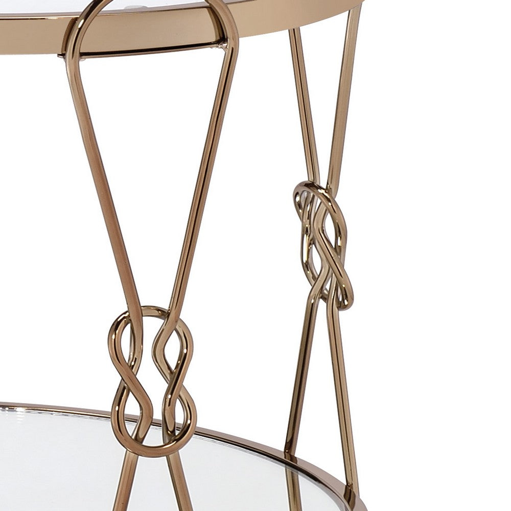 Benjara Metal End Table with Mirrored Top And 1 Bottom shelf, Gold And Clear